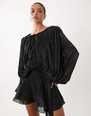 Lioness Elements High Sheen Chiffon Drape Detail Balloon Sleeve Tie Waist Mini Dress In Black