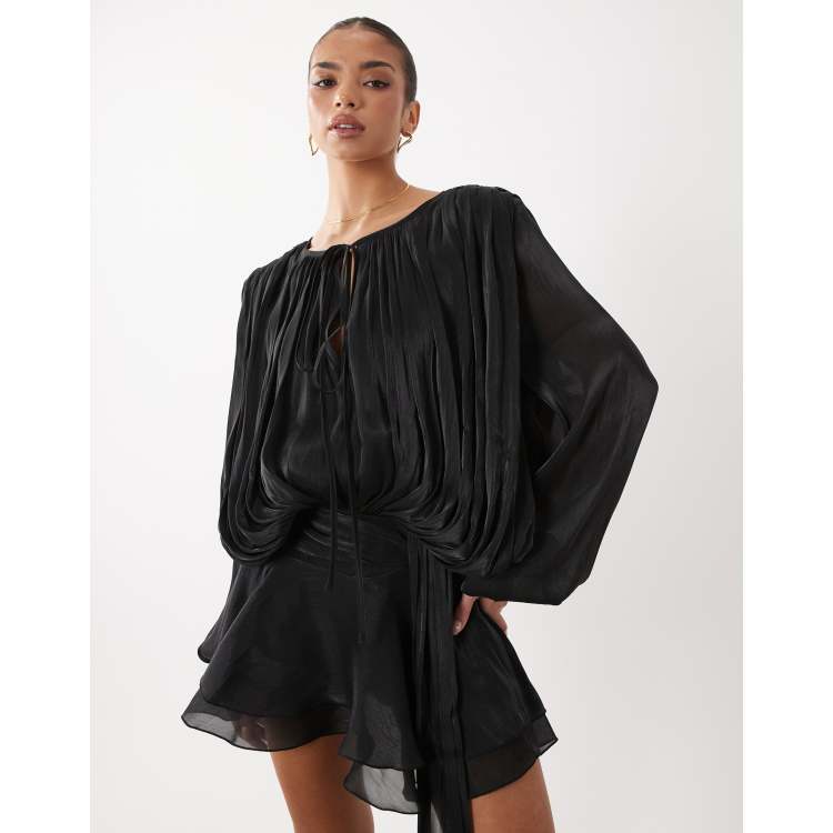 Lioness Elements high sheen chiffon drape detail balloon sleeve tie waist mini  dress in black | ASOS