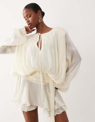 Lioness Elements High Sheen Chiffon Drape Detail Balloon Sleeve Tie Waist Mini Dress In White