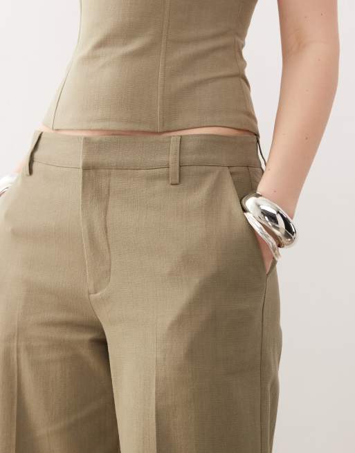 Lioness Elements linen look cotton low waisted tailored wide leg trousers co-ord in sage, 4 of 5