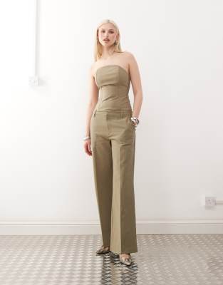 asos Lioness Elements linen look top and cotton low waisted tailored wide leg trousers co-ord in sage