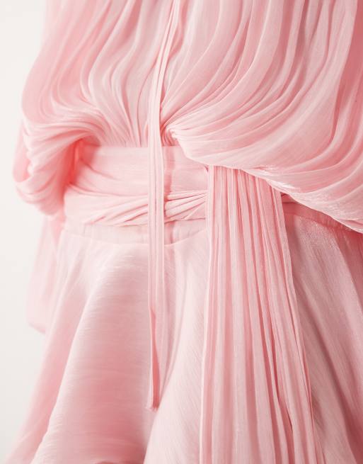 Lioness – Elements – Minikleid aus hochglänzendem Chiffon in Babyrosa mit Drapierung, Ballonärmeln und Bindegürtel, 4 von 4