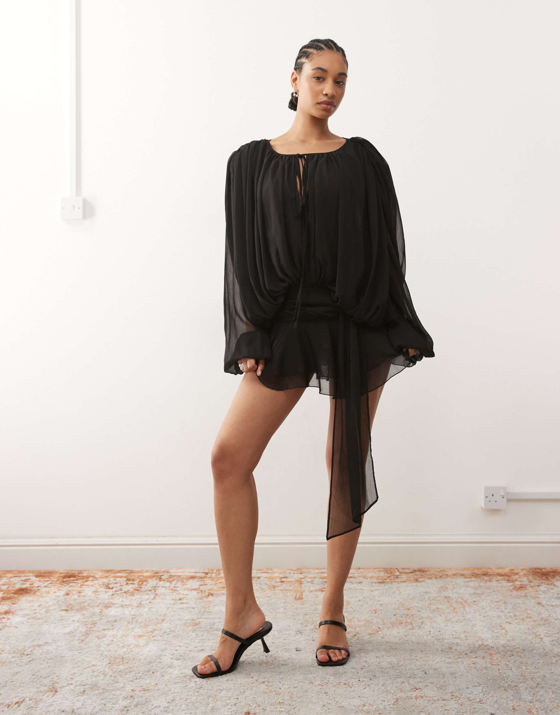 lioness elements petite chiffon drape detail balloon sleeve tie waist mini dress in black