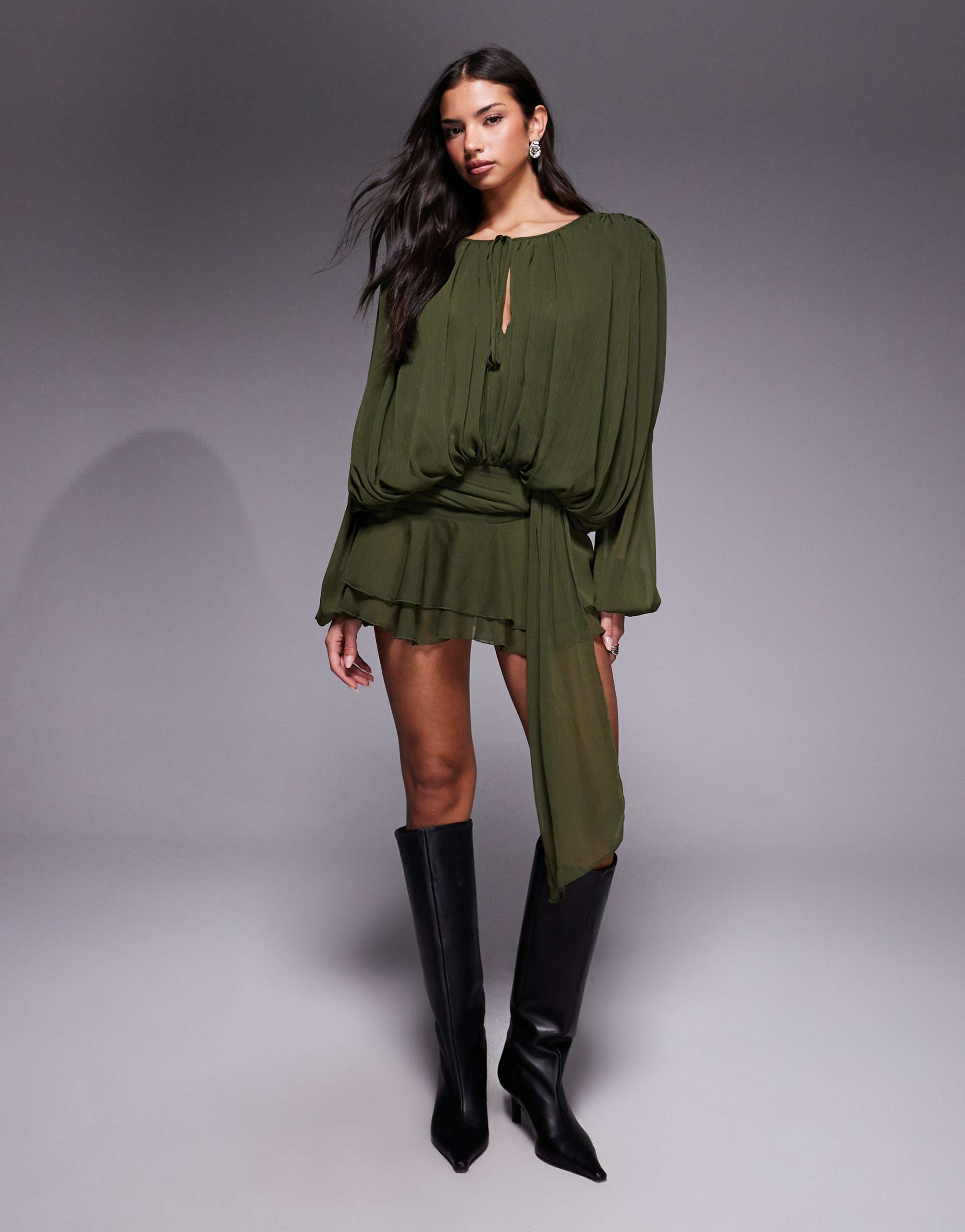 lioness elements petite chiffon drape detail balloon sleeve tie waist mini dress in khaki