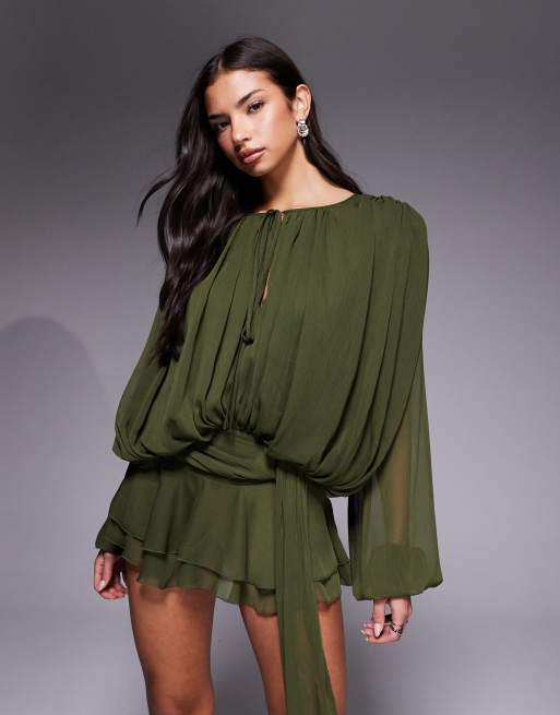 knee length dresses for ladies Long Sleeve Thigh Split Bodycon Midi Dress in Olive L / Green main image 0