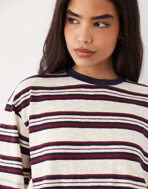 Lioness Emerging cotton oversized short sleeve boxy side slit T-shirt in navy and white stripes, 2 of 4