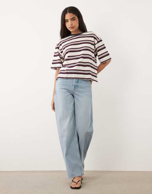 Lioness Emerging cotton oversized short sleeve boxy side slit T-shirt in navy and white stripes, 3 of 4