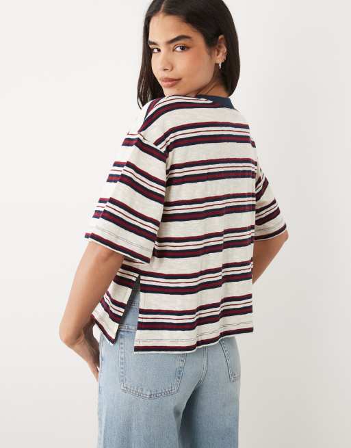 Lioness Emerging cotton oversized short sleeve boxy side slit T-shirt in navy and white stripes, 4 of 4
