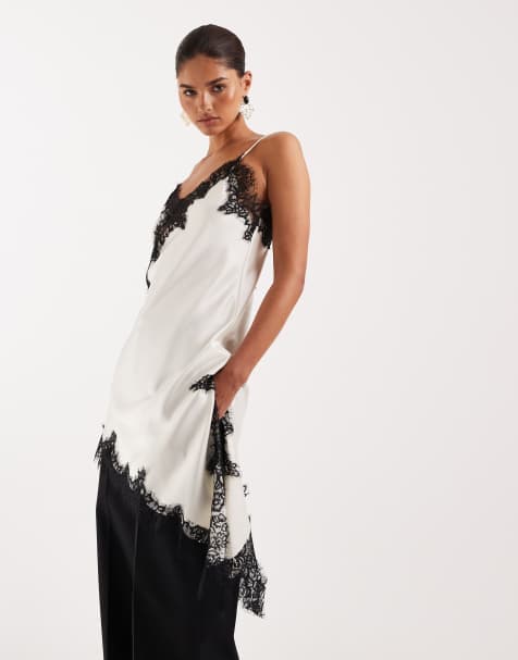 Lioness Emerging v neck contrast lace applique detail asymmetric hem cami top in porcelain - view 1