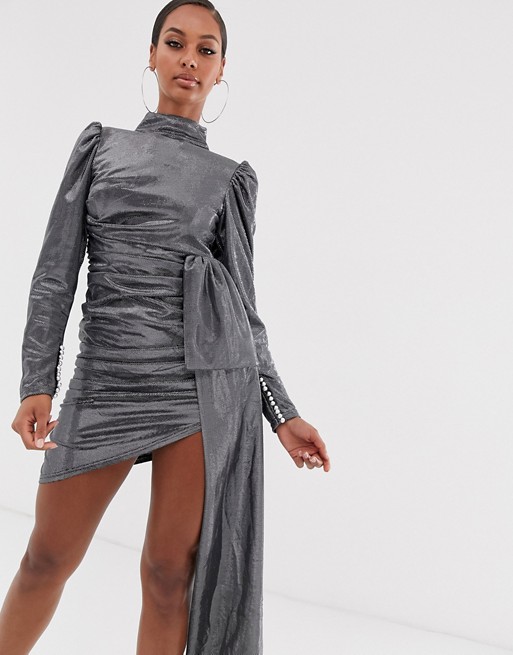Lioness Empire long sleeve knot front ruched dress in silver