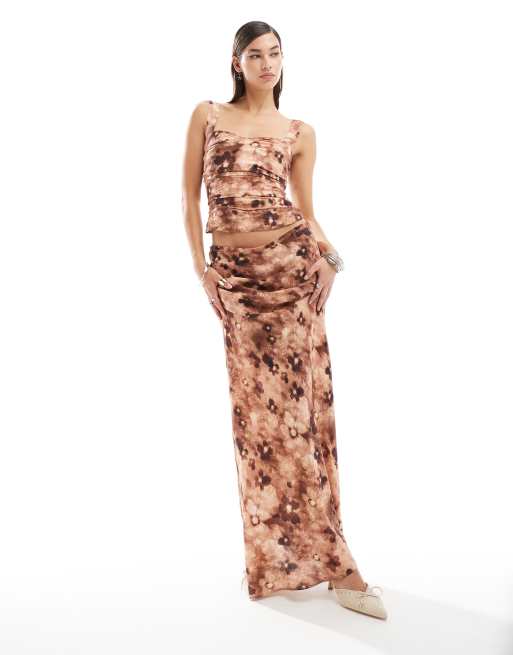 Lioness - Ensemble à imprimé fleuri avec jupe longue et top corset - Chocolat