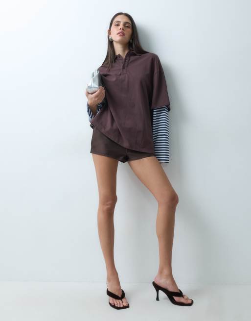 Lioness esclusiva Calla 2 in 1 polo oversize e camicia a maniche lunghe a righe in marrone cioccolato e blu, 2 di 5
