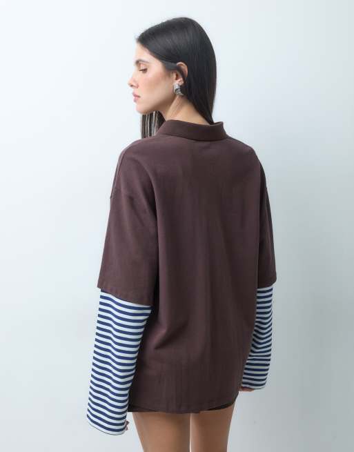 Lioness esclusiva Calla 2 in 1 polo oversize e camicia a maniche lunghe a righe in marrone cioccolato e blu, 4 di 5