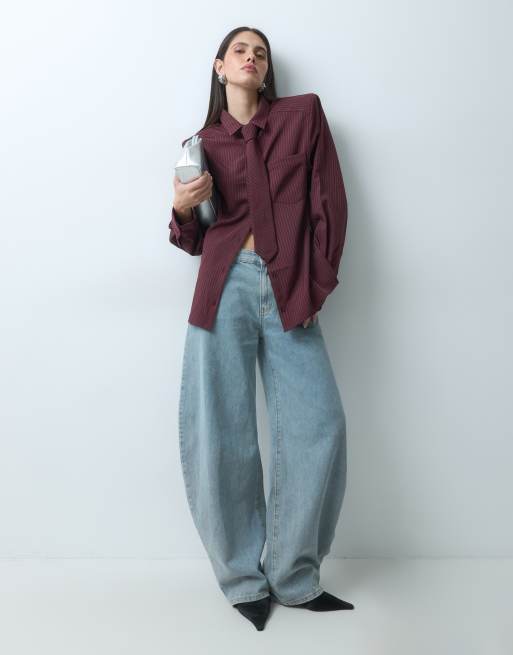 Lioness exclusief oversized overhemd van katoenmix met schoudervulling en strik in bordeauxrode streep, 5 van 5