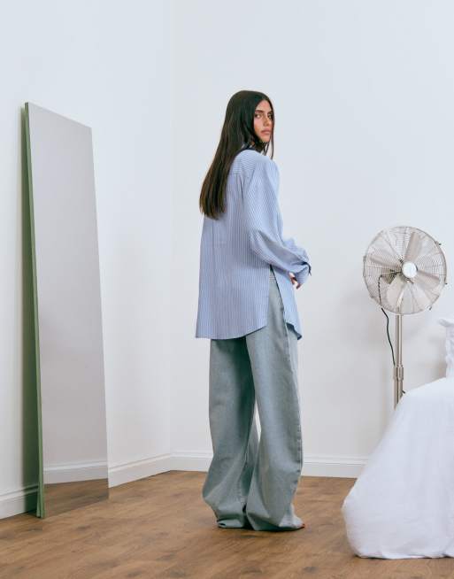 Lioness exclusieve oversized overhemd van katoenmix met schoudervulling en strik in blauw gestreept, 3 van 4