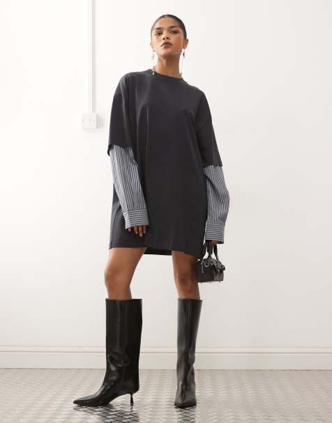 Lioness exclusive 2 in 1 oversized t-shirt overlay and striped long sleeve mini shirt dress in charcoal stripe - view 1