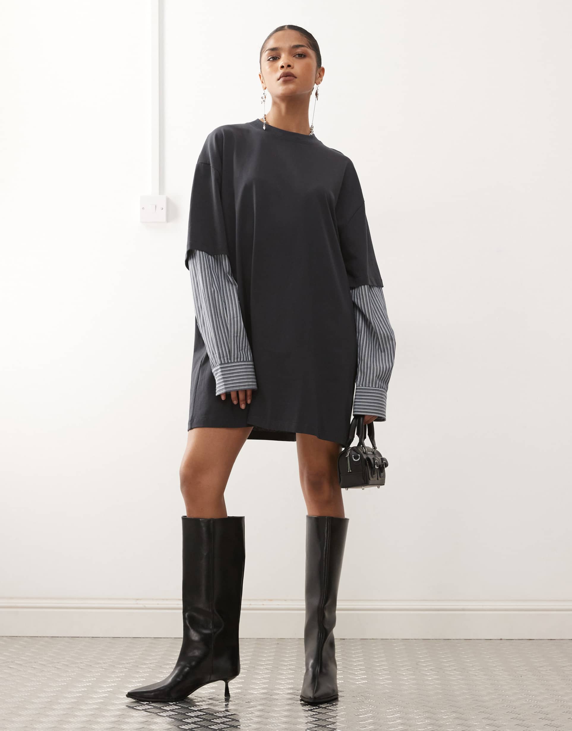 lioness exclusive 2 in 1 oversized t-shirt overlay and striped long sleeve mini shirt dress in charcoal stripes