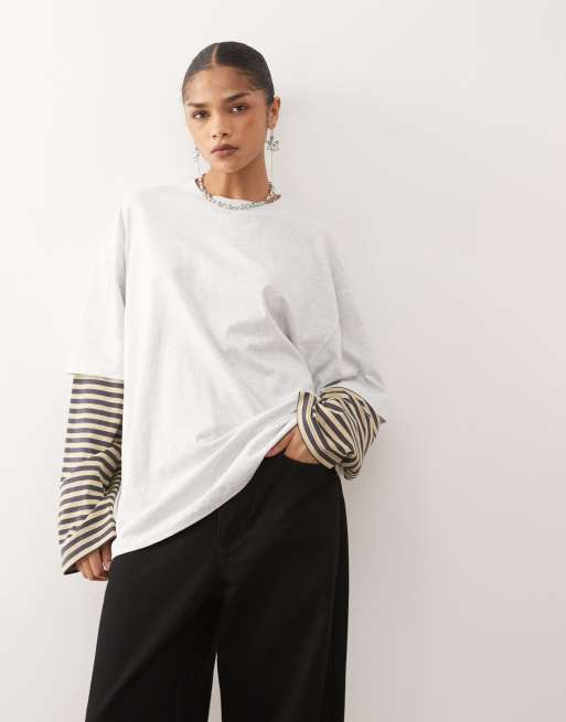 Lioness exclusive Bloom 2 in 1 oversized t-shirt and striped long sleeve in grey and beige stripe, 2 of 4