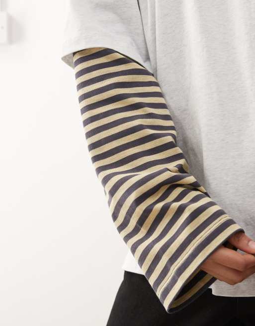 Lioness exclusive Bloom 2 in 1 oversized t-shirt and striped long sleeve in grey and beige stripe, 3 of 4