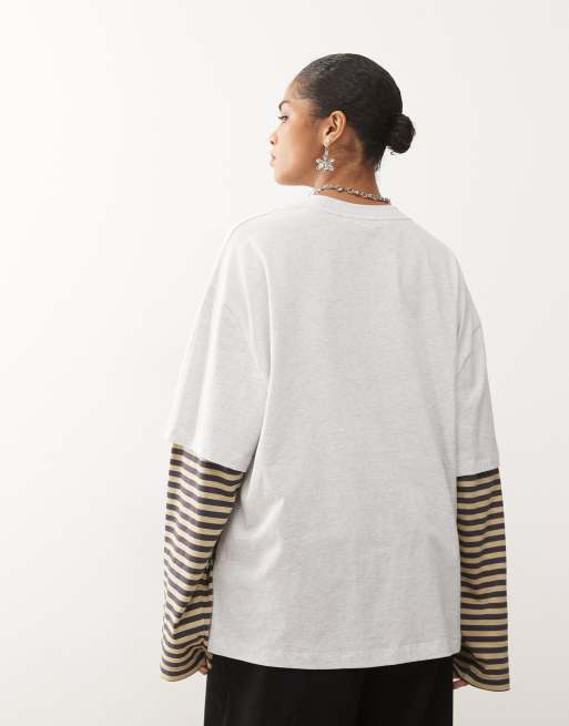 Lioness exclusive Bloom 2 in 1 oversized t-shirt and striped long sleeve in grey and beige stripe, 4 of 4