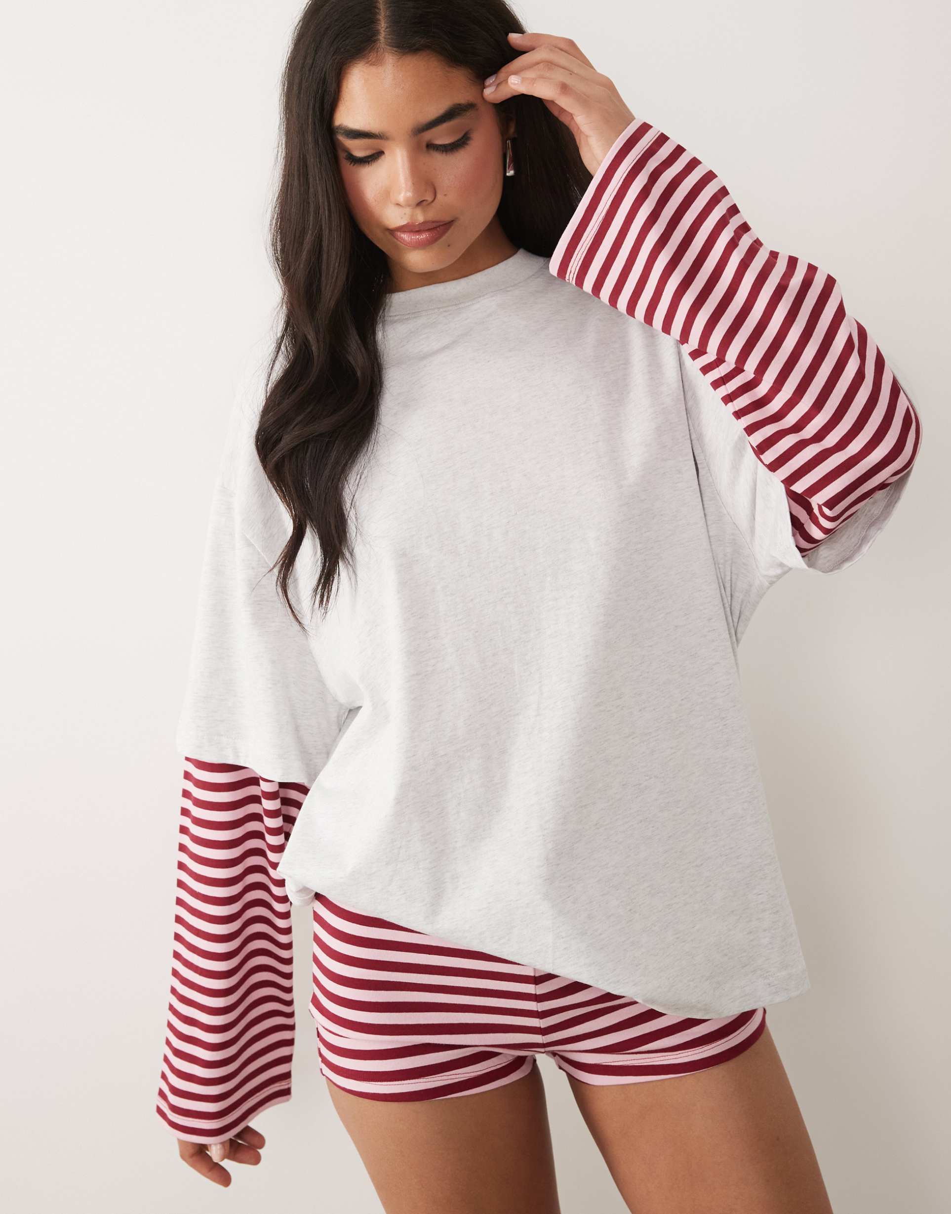 lioness exclusive bloom 2 in 1 oversized t-shirt and striped long sleeve set in red and pink stripe