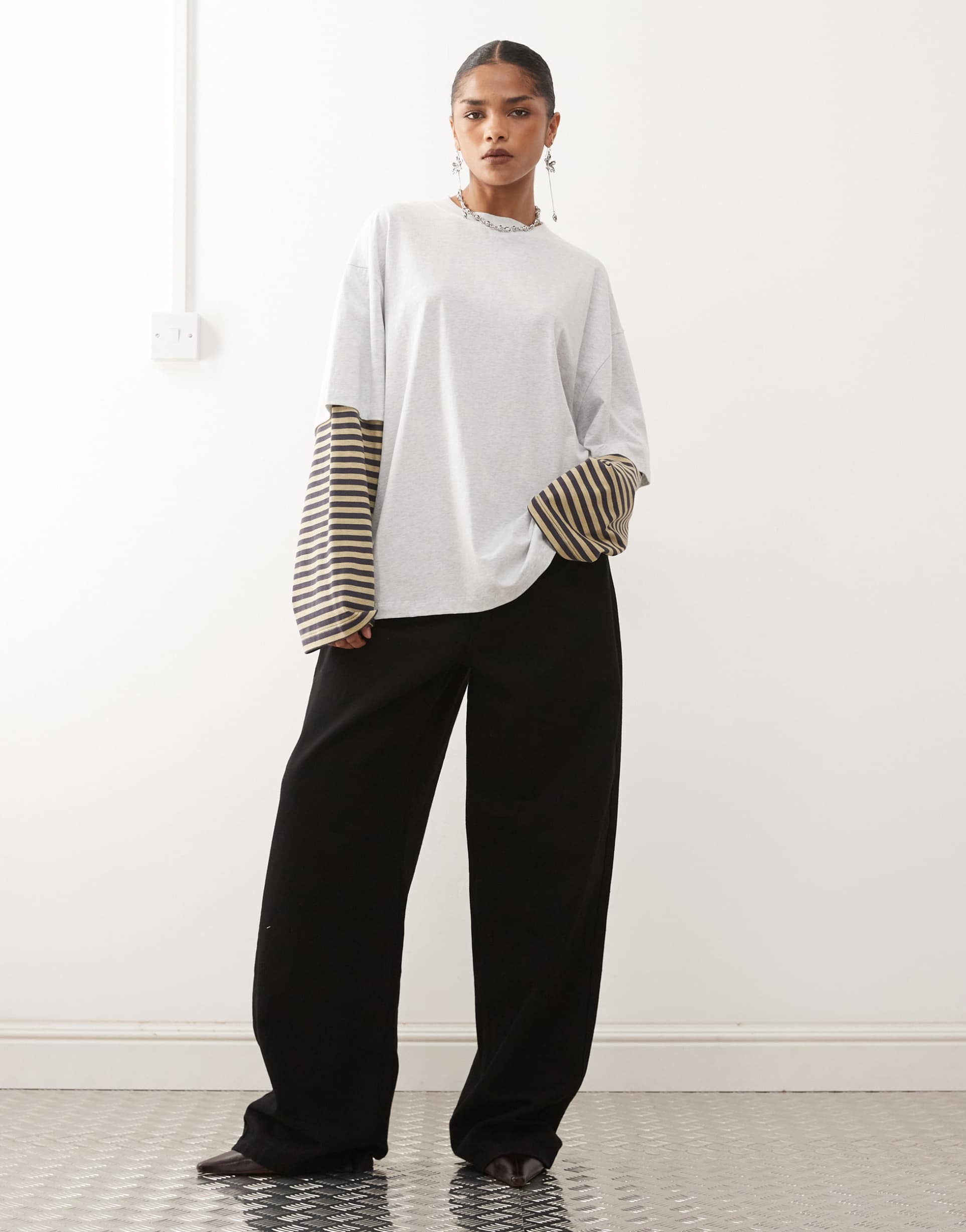lioness exclusive bloom 2 in 1 oversized t-shirt and striped long sleeve top in gray and beige stripes
