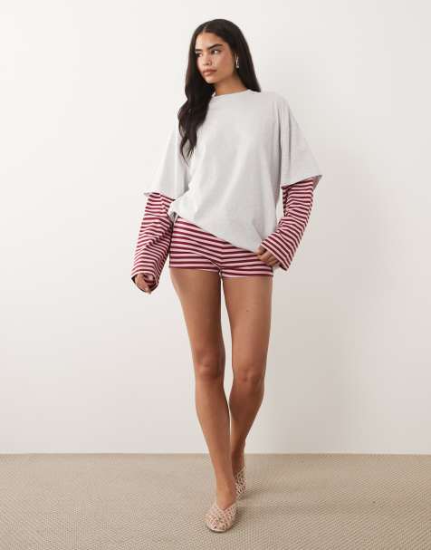 Lioness - Exclusive - Bloom - Co-ord set van gestreept T-shirt en short van katoenmix in rood en roze - view 1