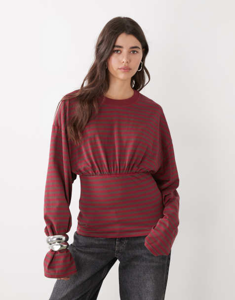 Lioness exclusive Bloom cotton blend long sleeve crew neck cinched waist t-shirt in wine and chocolate stripes - view 1