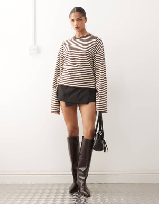 Lioness exclusive Bloom cotton blend long sleeve crew neck tie back t-shirt in dark chocolate stripe , 2 of 4