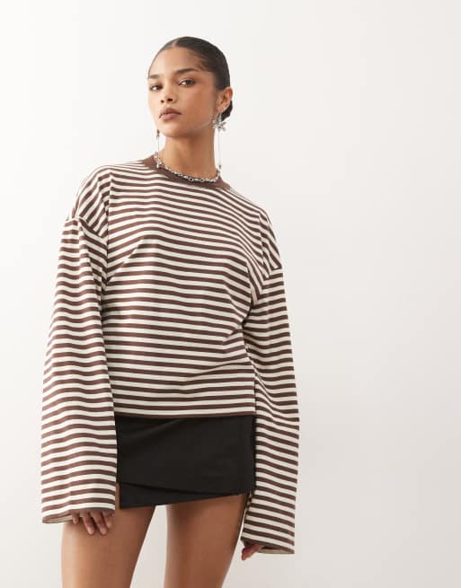 Lioness exclusive Bloom cotton blend long sleeve crew neck tie back t-shirt in dark chocolate stripe , 3 of 4