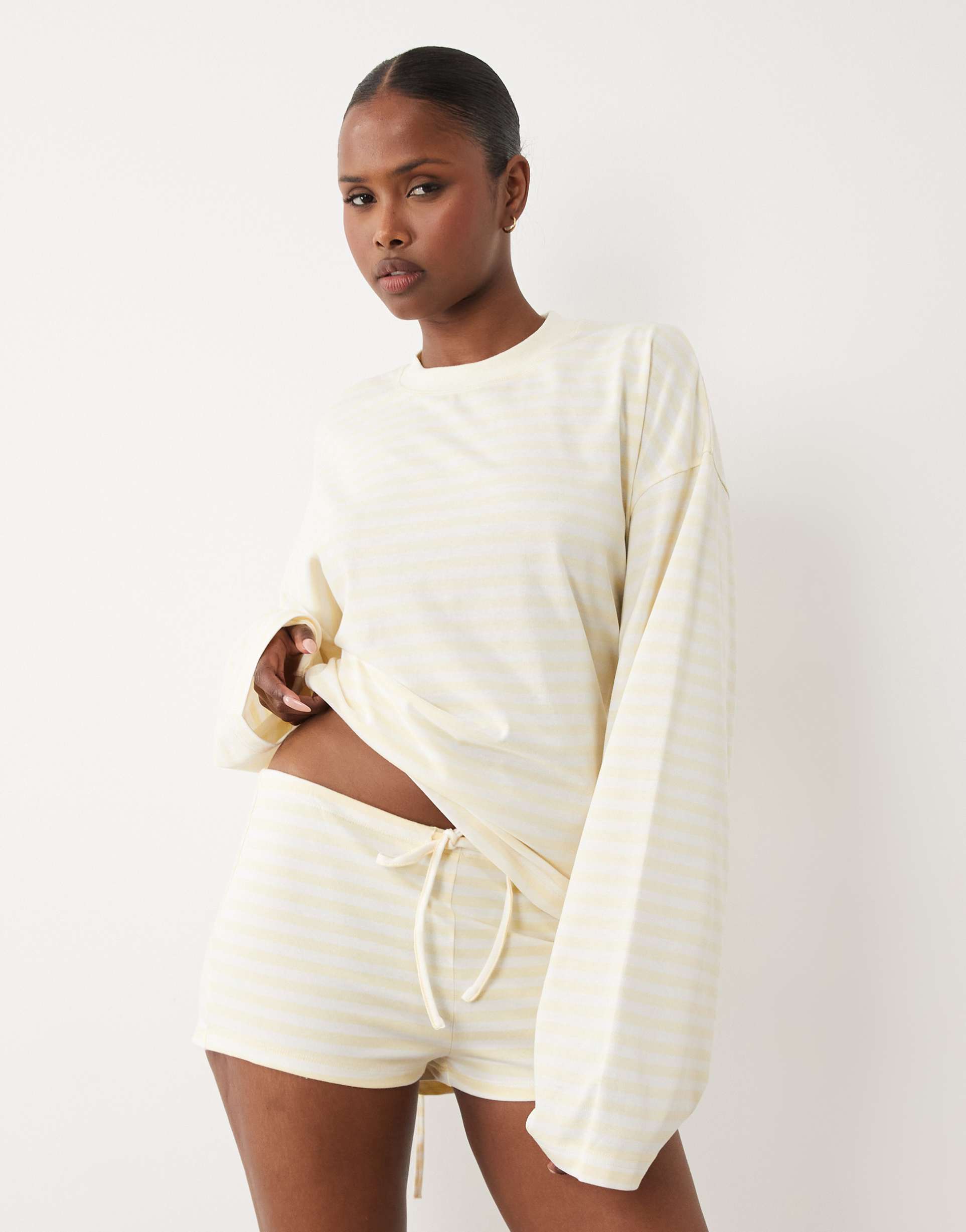 lioness exclusive bloom cotton blend shorts in lemon stripe - part of a set