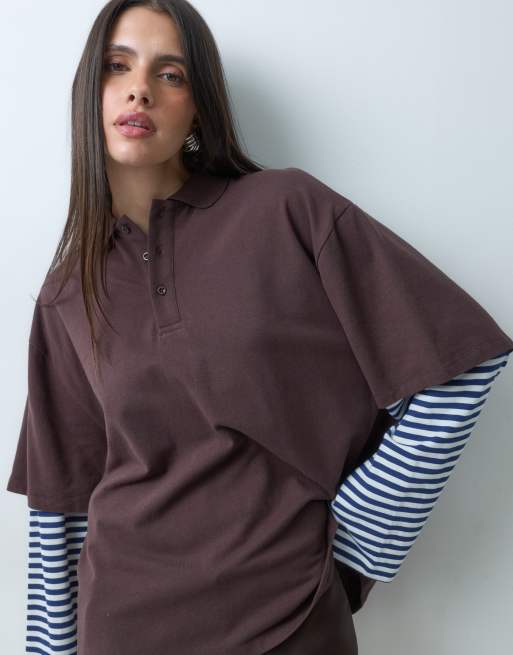 Lioness exclusive Calla 2 in 1 oversized polo and striped long sleeve shirt in chocolate and blue stripe, 3 of 5