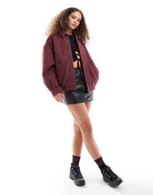 Lioness Lioness exclusive denim quilted bomber jacket in burgundy-Red