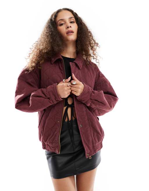 Lioness exclusive denim quilted bomber jacket in burgundy ASOS