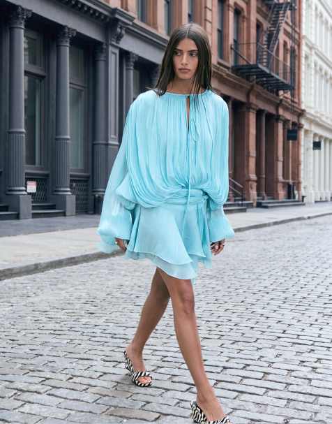 Lioness exclusive Elements high sheen chiffon drape detail balloon sleeve tie waist mini dress in aqua - view 1
