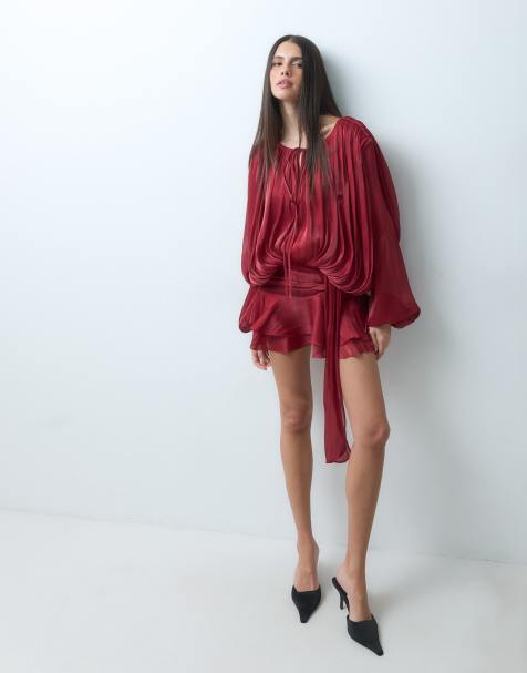 Lioness exclusive Elements high sheen chiffon drape detail balloon sleeve tie waist mini dress in cherry red - view 1