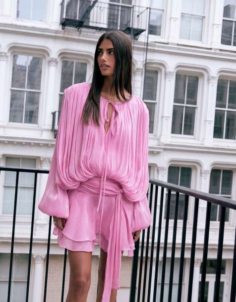Lioness exclusive Elements high sheen chiffon drape detail balloon sleeve tie waist mini dress in dusky pink - view 1