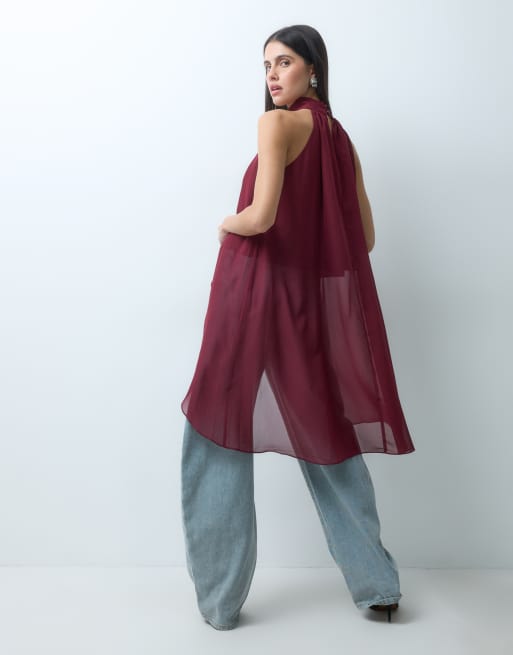 Lioness exclusive Gabriella halterneck chiffon drape top in cherry red, 5 of 5