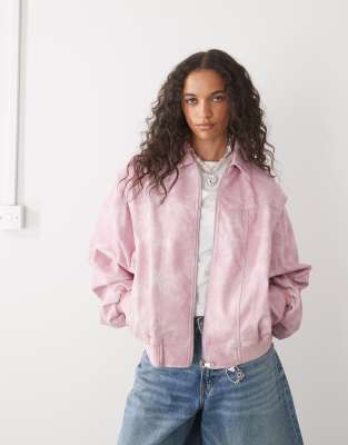 Lioness Exclusive Leather Look Contrast Stitch Bomber Jacket In Pink