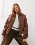 [Lioness] Lioness exclusive leather look contrast stitch bomber jacket in washed brown 6 BROWN