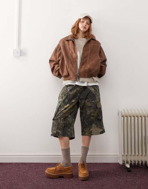 Lioness exclusive leather look contrast stitch bomber jacket in washed brown
