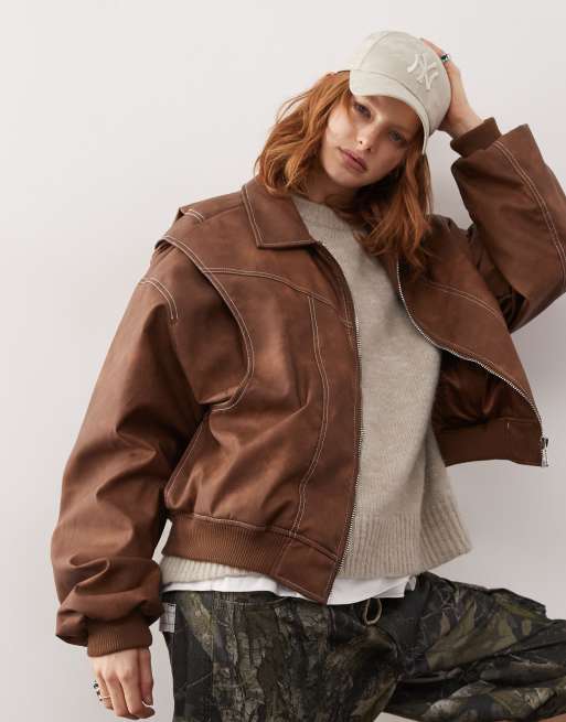 Lioness exclusive leather look contrast stitch bomber jacket in washed brown