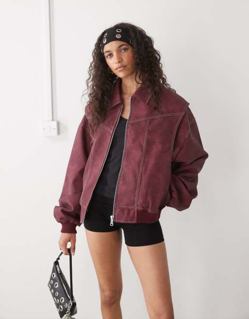 Lioness exclusive leather-look contrast stitch bomber jacket in wine red