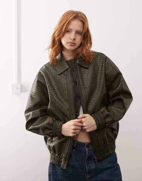 Lioness exclusive leather look weave detail bomber jacket in bottle green - view 1
