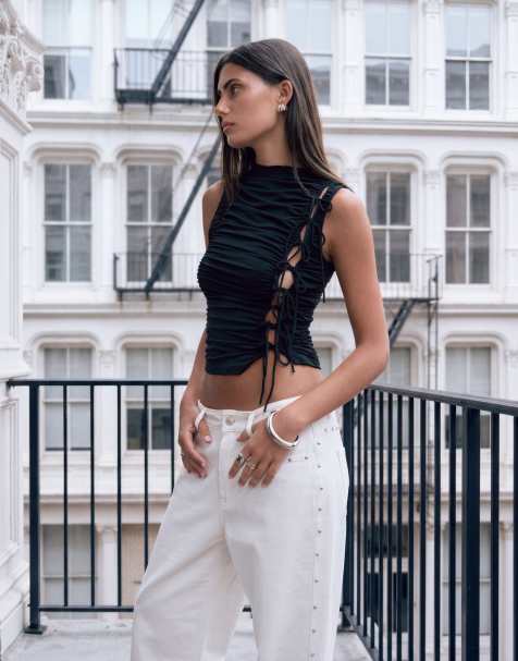Lioness exclusive Lulu slash neck tie detail tank top in black - view 1