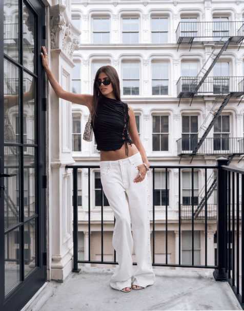Lioness exclusive Top Model wide leg studded detail jeans in white - view 1