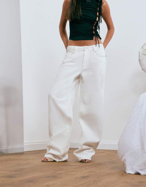 Lioness exclusive Top Model wide leg studded detail jeans in white, 5 of 5