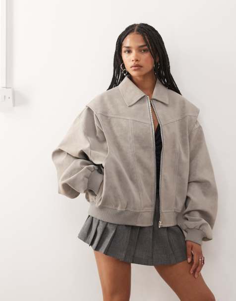 Lioness exclusive Vista leather look contrast stitch bomber jacket in taupe
