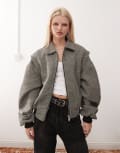 [Lioness] Lioness exclusive Vista contrast stitch bomber jacket in ash tweed-Grey XS ASH TWEED