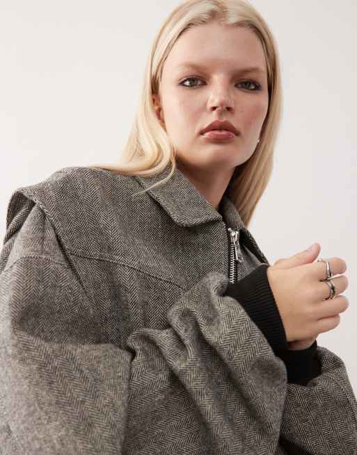 Lioness exclusive Vista contrast stitch bomber jacket in ash tweed